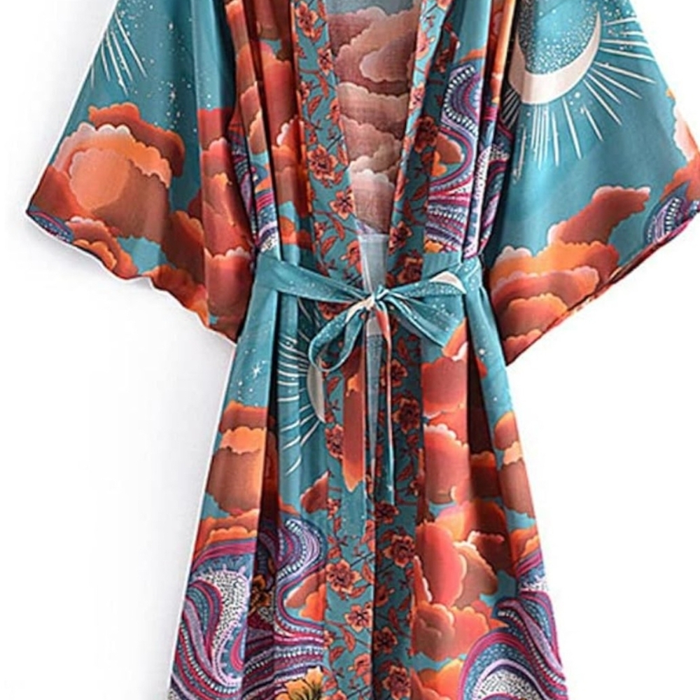 Blue and Orange Kimono Robe with Flowing Sleeves